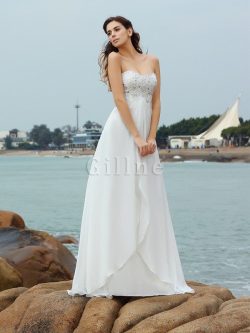 Abito da Sposa A Terra in Chiffon a Spiaggia Lungo con Perline – Gillne.it