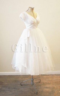 Abito da Sposa Classico Sotto Ginocchio con Increspato V-Scollo Cappellino – Gillne.it