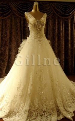 Abito da Sposa con Fiocco Senza Maniche V-Scollo in Pizzo in Pizzo – Gillne.it