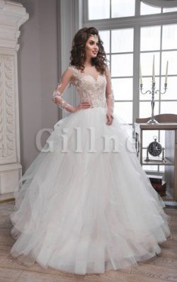 Abito da Sposa con Increspature con Applique Buco Della Serratura Schiena in Tulle A Terra ̵ ...