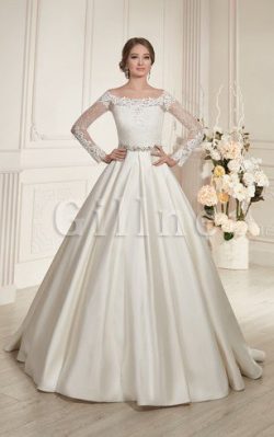 Abito da Sposa in Pizzo con Maniche Lunghe con Bottone A-Line con Perline – Gillne.it