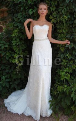 Abito da Sposa Naturale Lungo con Applique in Pizzo Coda A Strascico Corto – Gillne.it