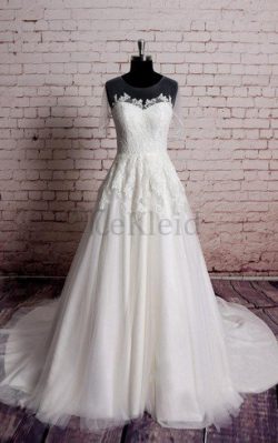 Juwel Ausschnitt Bodenlanges Kurzes Brautkleid ohne Ärmeln mit Applikation – MeKleid.de