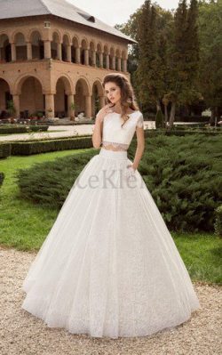 Kurze Ärmeln Zweistück Spitze Brautkleid mit Bordüre mit Gekappten Ärmeln – MeKleid.de