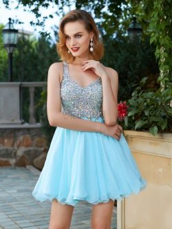 Ärmelloses Chiffon Breiter Träger Mini Ballkleid mit Spaghettiträger – MeKleid.de