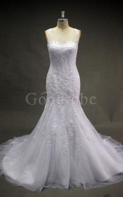 Robe de mariée avec perle avec décoration dentelle manche nulle encolure ronde en tulle –  ...