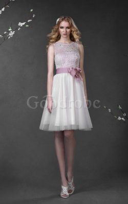 Robe de mariée bref avec ruban ligne a decoration en fleur au niveau de genou – GoodRobe