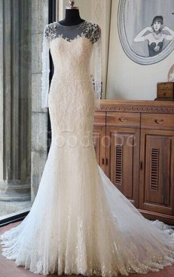 Robe de mariée brillant de traîne mi-longue avec manche longue en plage col en bateau – Go ...