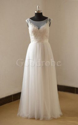 Robe de mariée ceinture a-ligne avec décoration dentelle en plage textile en tulle – GoodRobe