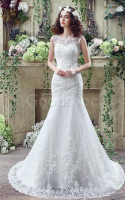 Robe de mariée de traîne courte grandes bretelles manche nulle au jardin encolure ronde –  ...