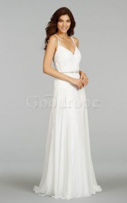 Robe de mariée de traîne courte v encolure en chiffon avec perle au drapée – GoodRobe