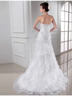 Robe de mariée de traîne mi-longue en organza manche nulle de col en cœur cordon – GoodRobe