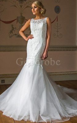 Robe de mariée delicat en tulle appliques de traîne mi-longue col en bateau – GoodRobe