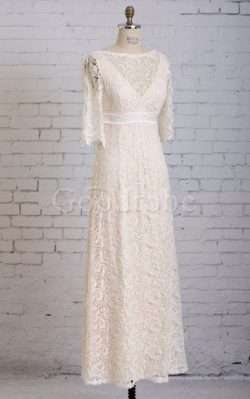 Robe de mariée en dentelle gaine avec ruban col en v foncé ceinture – GoodRobe