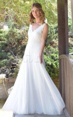 Robe de mariée facile de traîne courte manche nulle avec ruban avec chiffon – GoodRobe