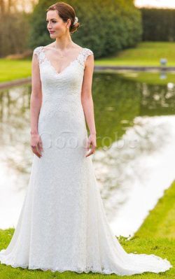 Robe de mariée facile ligne a appliques de traîne courte avec décoration dentelle – GoodRobe