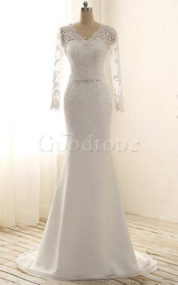 Robe de mariée festonné jusqu’au sol de sirène en plage en satin – GoodRobe