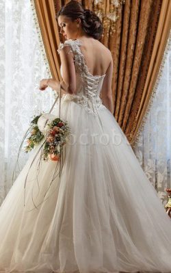 Robe de mariée longue de mode de bal d’épaule asymétrique ruché avec fleurs – GoodRobe