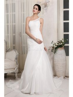 Robe de mariée longue d’épaule asymétrique de sirène de traîne mi-longue appliques – ...