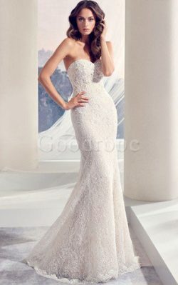 Robe de mariée longue manche nulle col en forme de cœur de bustier avec perle – GoodRobe