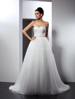 Robe de mariée longue manche nulle textile en tulle avec perle ligne a – GoodRobe