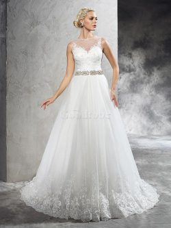 Robe de mariée longue naturel a-ligne de princesse de traîne moyenne – GoodRobe