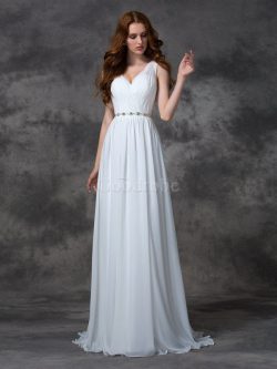 Robe de mariée longue sans dos avec chiffon v encolure avec perle – GoodRobe