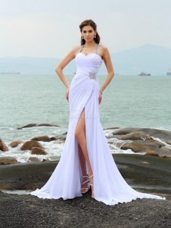 Robe de mariée manche nulle collant au bord de la mer avec chiffon de traîne mi-longue – G ...