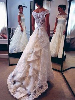 Robe de mariée naturel a-ligne de traîne moyenne de princesse avec décoration dentelle – G ...