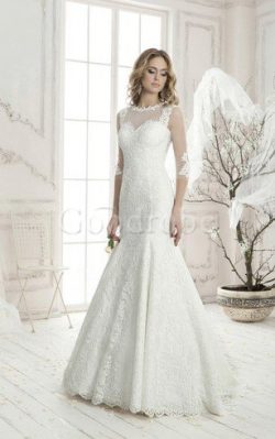 Robe de mariée naturel avec manche 3/4 avec décoration dentelle col en bateau appliques –  ...