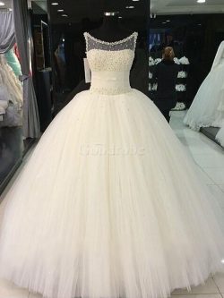 Robe de mariée naturel avec perle en tulle de mode de bal manche nulle – GoodRobe