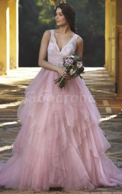 Robe de mariée naturel de col en v avec décoration dentelle en tulle manche nulle – GoodRobe