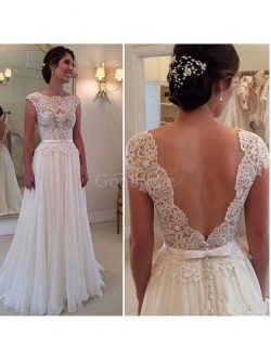 Robe de mariée naturel decoration en fleur avec sans manches en chiffon encolure ronde – G ...