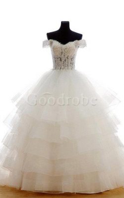 Robe de mariée naturel en tulle jusqu’au sol avec lacets avec perle – GoodRobe