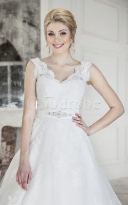 Robe de mariée naturel longue cordon avec nœud a-ligne – GoodRobe