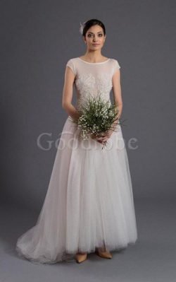 Robe de mariée naturel textile en tulle avec perle avec manche courte jusqu’au sol – ...