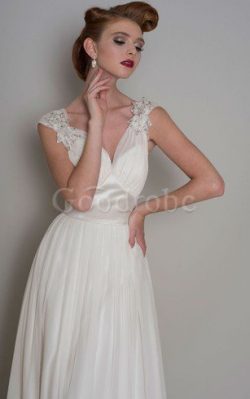 Robe de mariée plissé naturel de col en v avec manche épeules enveloppants avec perle – Go ...