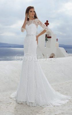 Robe de mariée plissé romantique discrete de traîne moyenne avec manche 3/4 – GoodRobe