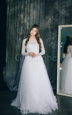 Robe de mariée plissé romantique en tulle de traîne courte avec manche longue – GoodRobe