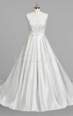 Robe de mariée v encolure avec perle jusqu’au sol fermeutre eclair a-ligne – GoodRobe