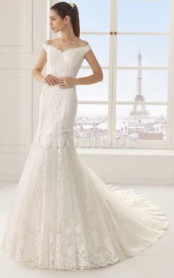 Robe de mariée vintage d’epaule ecrite en forme en dentelle avec manche courte – Goo ...