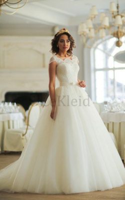 Tüll Duchesse-Linie Normale Taille Brautkleid mit Bordüre mit Gekappten Ärmeln – MeKleid.de