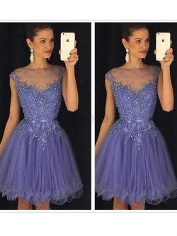 Tüll Schaufel-Ausschnitt Prinzessin Kurzes Cocktailkleid mit Applikation – MeKleid.de