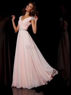 A Linie kurze Ärmeln Normale Taille Chiffon Abendkleid mit Rüschen – MeKleid.de