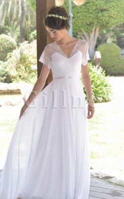 Abito da Sposa A-Line in Chiffon con Manica Corte con Fusciacca V-Scollo – Gillne.it