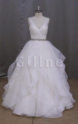 Abito da Sposa con Increspature con Perline Senza Maniche Spazzola Treno V-Scollo – Gillne.it