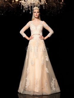 Abito da Sposa con Maniche Lunghe Lungo con Applique in Raso Cerniera – Gillne.it