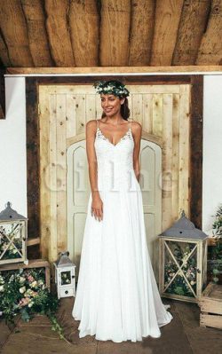 Abito da Sposa in Chiffon A-Line Spazzola Treno Senza Maniche V-Scollo – Gillne.it