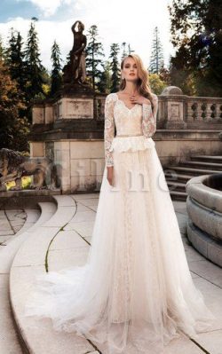 Abito da Sposa in Pizzo con Seghettato V-Scollo Lunghi A-Line – Gillne.it