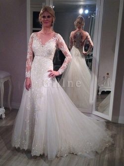 Abito da Sposa in Tulle Spazzola Treno A-Line con Paillette in Paillette – Gillne.it